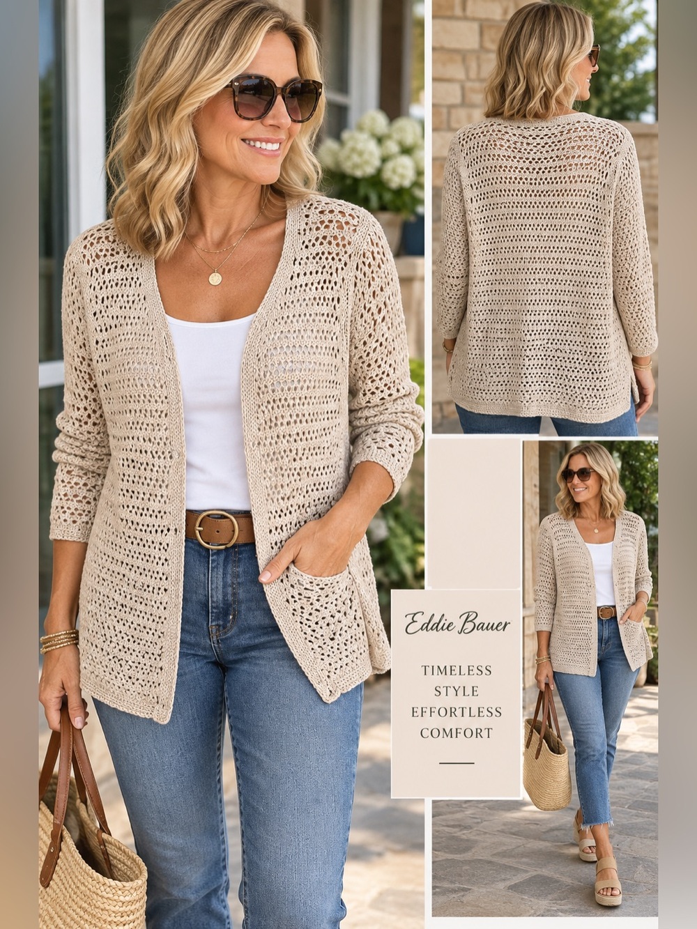 Vintage Eddie Bauer XXL Mercerized Cotton Crochet Open Knit Cardigan. Flex Size